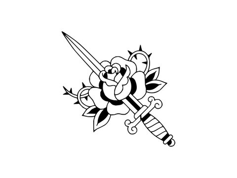 Bold black and white vector art of a dagger piercing a rose flower with thorny stems and leaves