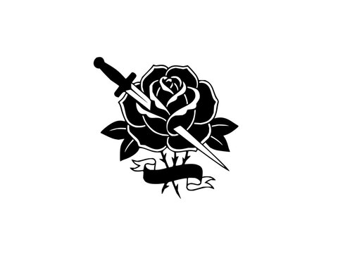 Black and white vector illustration of a rose pierced by a dagger with a ribbon banner below