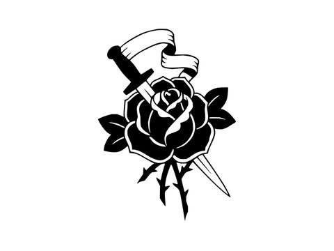 Black and white vector illustration of a rose pierced by a dagger with a floating ribbon banner