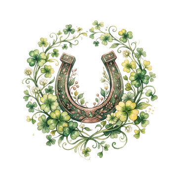 Lucky horseshoe adorned with vibrant green clover and floral accents