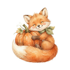 Fototapeta premium Cute watercolor fox cub hugging a pumpkin wearing a cozy scarf