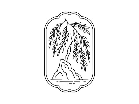 Minimalist weeping willow tree on a stone by the water inside a decorative oval border