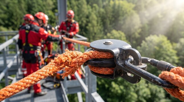Rescue team in red gear using a pulley and rope system on a high metal platform over a forest for emergency response and industrial safety training concept.