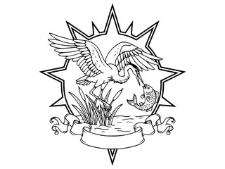 Fototapeta premium Line art emblem of a heron catching a fish with a starburst background and blank banner