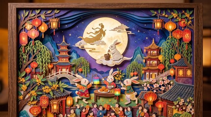 Obraz premium Paper Cut-Out Mid-Autumn Festival Shadow Box Display Featuring Traditional Chinese Architecture