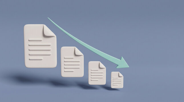 File compression concept with shrinking documents and green arrow, 3D icon