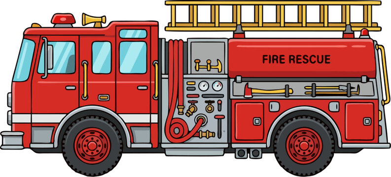 Red Fire Truck Side View - Cartoon Fire Rescue Engine with Ladder, Hose and Emergency Equipment, Flat Vector Illustration Isolated
