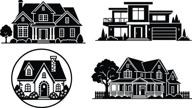 Real estate houses and modern residential buildings vector icons set, suburban family home, architectural property silhouettes graphics preview sheet