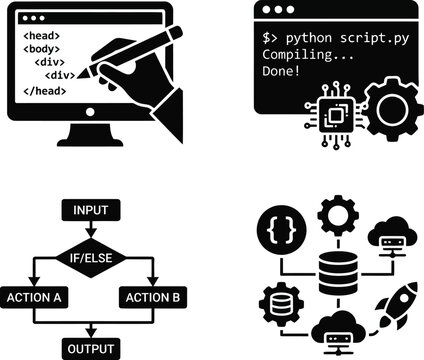 Programming and coding software development vector icons set, html code editor, python script compiling, algorithm flowchart, database network silhouettes graphics preview sheet