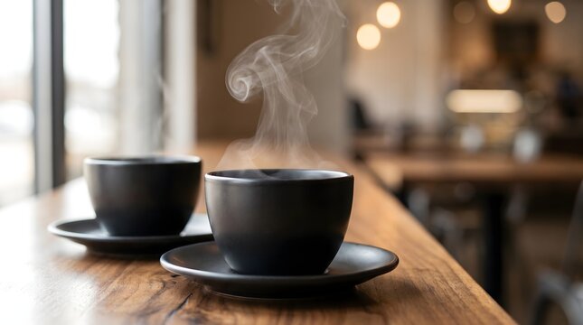 Two black ceramic mugs with rising steam on a wooden table in a cozy cafe setting, perfect for morning routine, relaxation, and cafe business marketing concept.