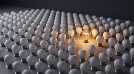 Fototapeta premium A single glowing light bulb standing out among many unlit bulbs on a dark surface with single illuminated glass glows brightly center large grid identical