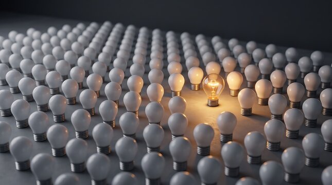 A single glowing light bulb standing out among many unlit bulbs on a dark surface with single illuminated glass glows brightly center large grid identical