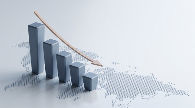 Descending bar chart with downward arrow over dotted world map, 3D render