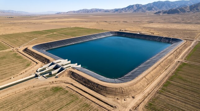 Aerial view of large agricultural water reservoir in arid desert landscape