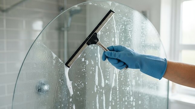 Professional cleaning of glass shower door with squeegee, hand in blue rubber glove wiping soapy bathroom screen, domestic housekeeping service
