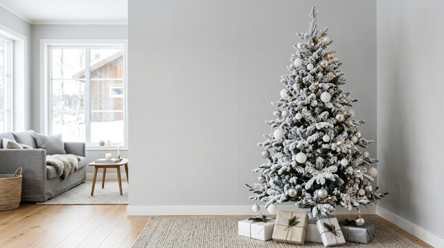 Minimalist Flocked Christmas Tree with White and Silver Ornaments in Bright Scandinavian Interior with Copy Space - Variation 26