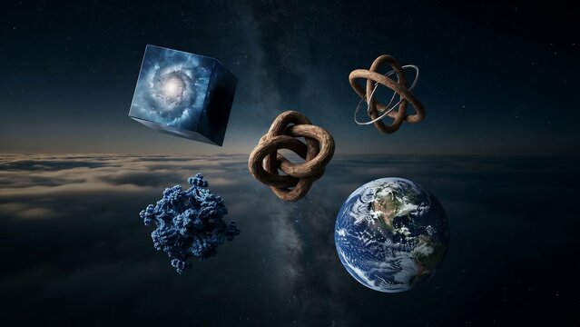 Planet Earth and abstract geometric shapes float in the starry cosmic space.