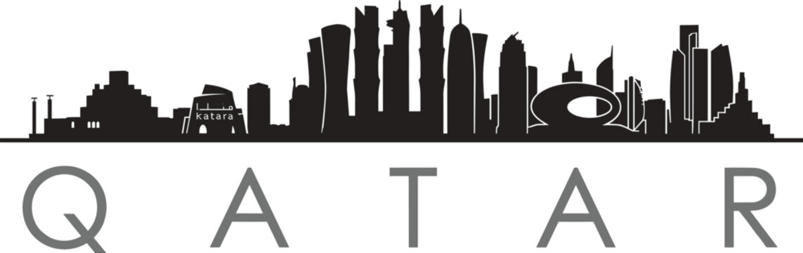 Qatar doha skyline city buildings featuring museum of islamic art tornado tower and modern gulf skyscrapers typography