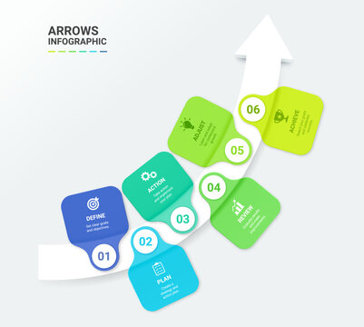 Infographic Staircase Step Business Growth timeline with 6 Step Arrow Process and Concepts for Success Diagram Background
