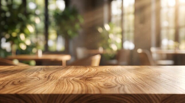 Empty wooden tabletop in focus overlooking a blurred sunlit cafe interior with green plants and warm lighting for restaurant marketing and product display mockup concept.