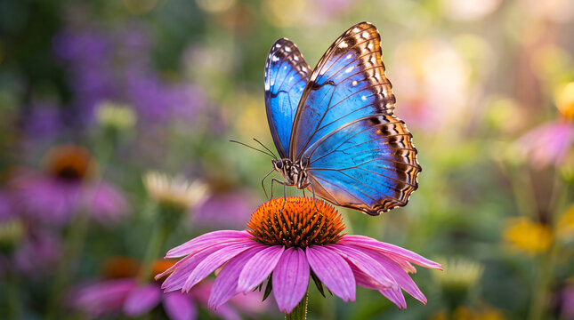 Stunning macro shot of a vibrant blue Morpho butterfly resting on a purple coneflower blossom in a sunlit garden with soft bokeh background