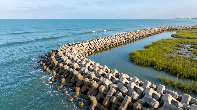 Concrete breakwater barrier curve along calm sea shore with green marshland