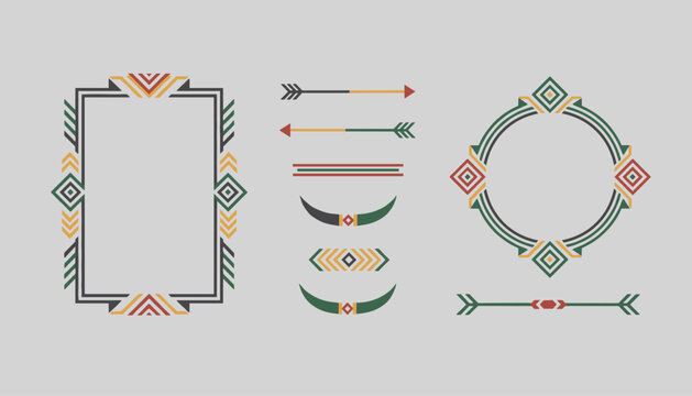 Beautiful collection of native american style geometric borders, circular frames, and arrows in rich earthy colors.