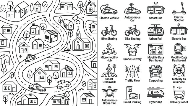 Smart city map and mobility icons set featuring electric vehicles autonomous transport drone delivery and traffic infrastructure