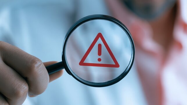 Red warning icon on magnifying glass lens held by businessman hand, representing risk detection, security alert, business inspection, problem identification, investigation and careful analysis