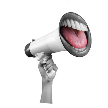 A hand holds a megaphone with a mouth and tongue. This shows loud speaking or making a strong statement. The design is on a transparent background.