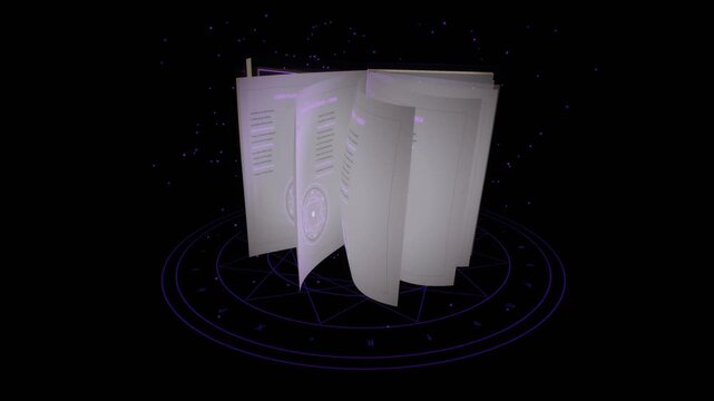 Open magic spellbook turns pages over a glowing purple occult pentagram circle with floating particles in a dark 3D motion background