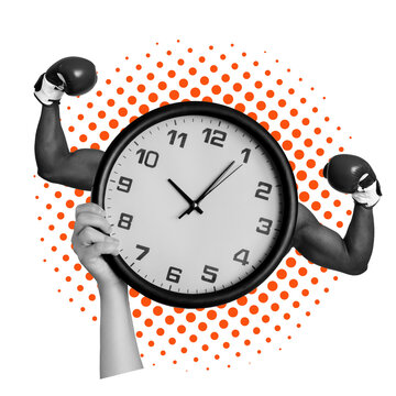 Strong arms hold a clock while wearing boxing gloves. The clock shows the time with a clear face. The design is simple and has a transparent background.
