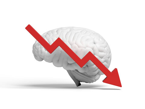Brain with a red arrow pointing downwards, symbolizing cognitive decline and regression. Suitable for educational, neuroscience, and health-related content. 3d illustration.