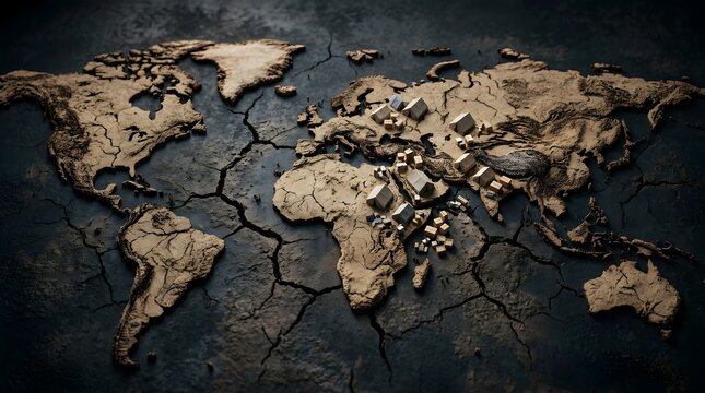 Global humanitarian crisis map with cracked earth and refugee tents