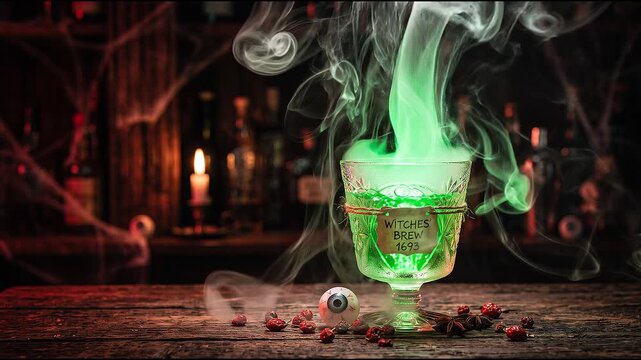 Glowing green witches brew potion with swirling smoke in a vintage glass Halloween