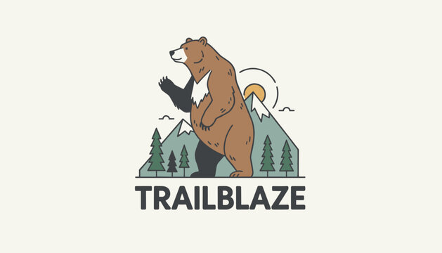Trailblaze outdoor adventure logo showing a standing grizzly bear with pine trees and sunlit mountains.
