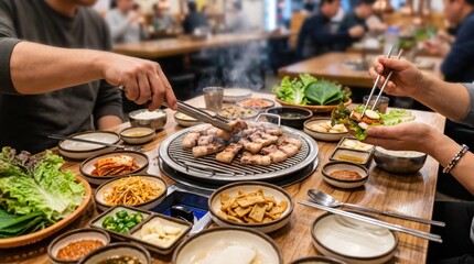 Obraz premium People grilling Korean barbecue pork belly at a restaurant table. A diner wraps cooked meat in lettuce with banchan side dishes. Traditional social dining experience featuring popular pork dishes.