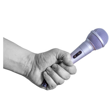 A hand grips a microphone firmly. The scene shows a person ready to perform or speak. The background is clear with no distractions.