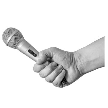 A hand holds a microphone firmly. This scene can represent performance, speaking events, or musical activities. The background allows for easy use in various contexts.