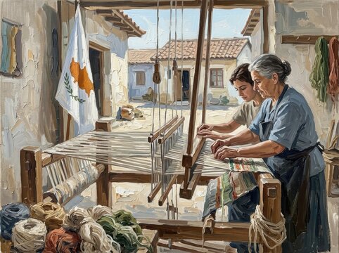 Women demonstrating traditional weaving techniques at a loom in Cyprus