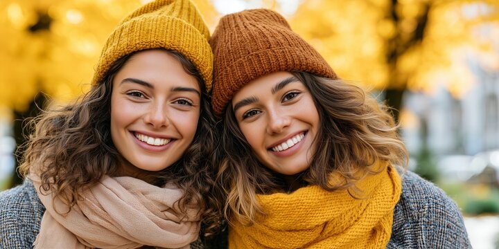 Two friends smile together on a bright European street framed by yellow autumn foliage. Friendship and seasonal city travel expressed through an easy candid moment.