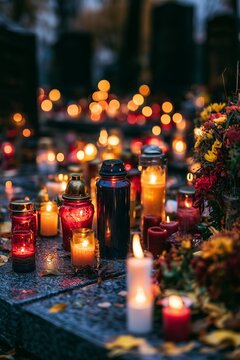 Memorial candles glow among autumn leaves at a cemetery on All Saints Day. Remembrance, grief and seasonal tradition expressed through quiet ritual.