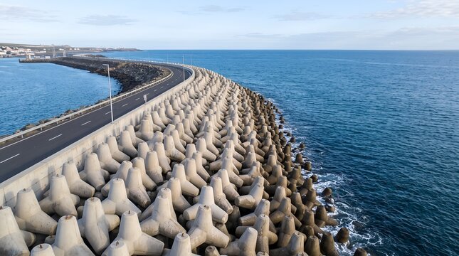 Curving coastal highway protected by heavy concrete breakwater blocks along the blue sea