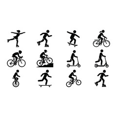 Obraz premium Sports icons set: cycling, skating, skateboarding, scooter, athlete activity pictograms.