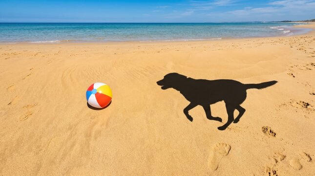 Dog shadow running on sandy beach towards colorful ball, summer vacation concept, playful pet silhouette, sunny seaside landscape, travel freedom, joy, happiness, fun