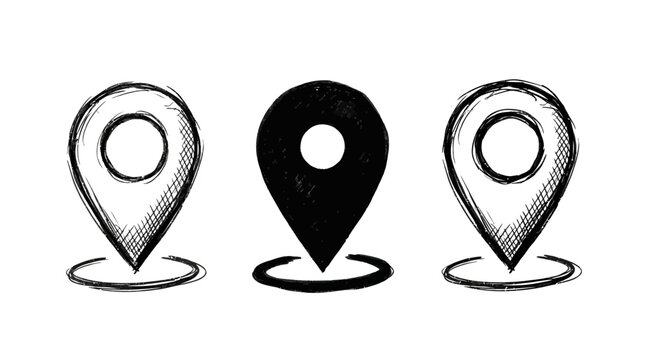 Hand drawn sketch location pin markers featuring rough charcoal pencil texture on a white background