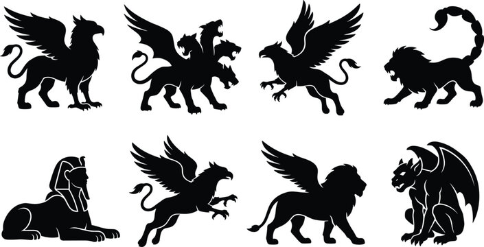 Collection of mythical beast silhouette icons featuring griffins, sphinx, manticore, and gargoyle creatures