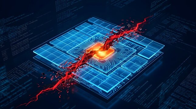 Red crack splitting a glowing blue electronic circuit board