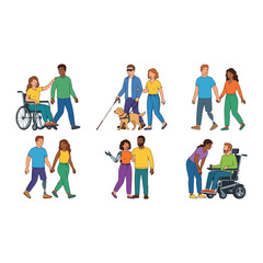 Fototapeta premium Inclusive diverse disabled people with wheelchair prosthetic and guide dog