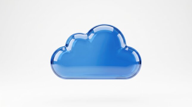 Glossy blue 3D cloud icon isolated on white background, representing cloud computing storage services and internet connectivity technology symbol minimal design